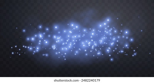 Puntos azules brillantes, partículas, estrellas, chispas mágicas con humo. Efecto de luz de destello brillante. Puntos luminosos azules en la niebla. Partículas de Vector sobre fondo transparente. 