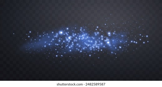 Puntos azules brillantes, partículas, estrellas, chispas mágicas con humo. Efecto de luz de destello brillante. Puntos luminosos azules en la niebla. Partículas de Vector sobre fondo transparente. 