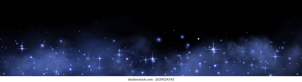 Blue glittering dots, particles, stars magic sparks. Glow flare light effect. Blue luminous points. Vector particles on black background. 