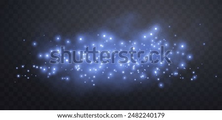 Blue glittering dots, particles, stars, magic sparks with smoke. Glow flare light effect. Blue luminous points in fog. Vector particles on transparent background. 