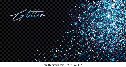 Poeira cintilante azul com efeito de luz, estrelas, partículas, grãos. Confete de néon isolado. Elemento vetor abstrato transparente, spray, areia para projetos festivos e luxuosos, fundos de celebração.