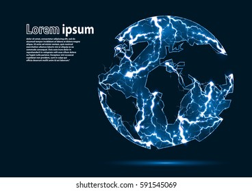 Blue glittering image of a planet Earth formed by lightnings. Vector illustration