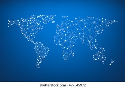 Blue global communications world map. Vector paper illustration. 