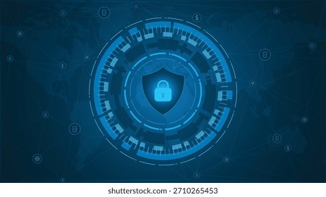Blue global cyber security background featuring a glowing shield lock at the center of a digital interface with world map and network icons ideal for data protection privacy and secure tech themes