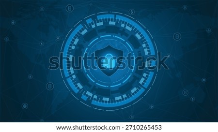Blue global cyber security background featuring a glowing shield lock at the center of a digital interface with world map and network icons ideal for data protection privacy and secure tech themes