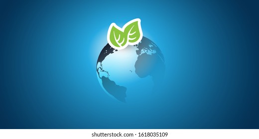 Blue Global Eco Concept Design Layout - Green Leaves and Earth Globe - Vector Template