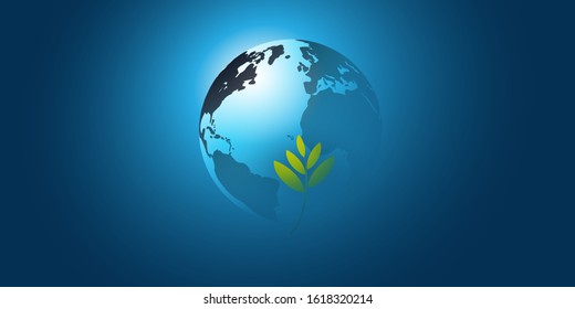 Blue Global Eco Concept Design Layout - Green Leaves and Earth Globe - Vector Template