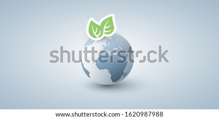 Blue Global Eco Concept Design Layout - Green Leaves and Earth Globe - Vector Template