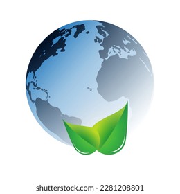 Blue Global Eco World Concept, Graphic Design Layout - Green Leaves and Earth Globe, Vector Template Isolated on White Background