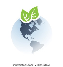 Blue Global Eco World Concept, Graphic Design Layout - Green Leaves and Earth Globe, Vector Template Isolated on White Background