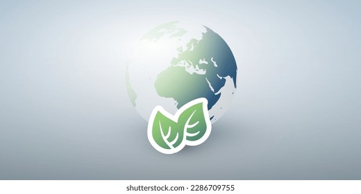 Blue Global Eco World Concept, Graphic Design Layout - Green Leaves and Earth Globe, Vector Template on Wide Scale Gradient Background