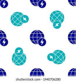 Blue Global energy power planet with flash thunderbolt icon isolated seamless pattern on white background. Ecology concept and environmental.  Vector