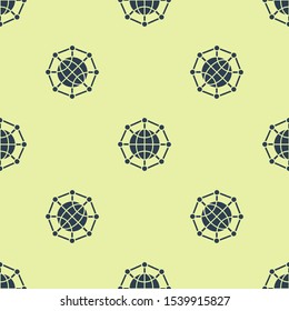 Blue Global technology or social network icon isolated seamless pattern on yellow background.  Vector Illustration