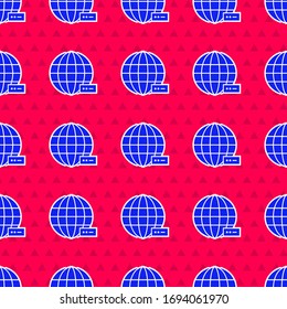 Blue Global technology or social network icon isolated seamless pattern on red background.  Vector Illustration