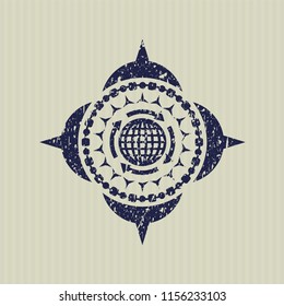 Blue globalization icon inside distress grunge stamp