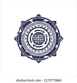 Blue globalization icon inside distress grunge style stamp