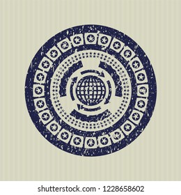 Blue globalization icon inside distress rubber stamp