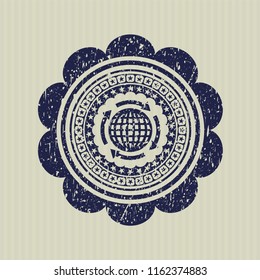 Blue globalization icon inside distressed rubber grunge seal