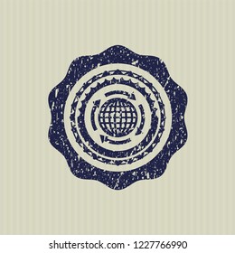 Blue globalization icon inside distressed with rubber seal texture
