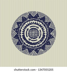 Blue globalization icon inside distressed rubber texture