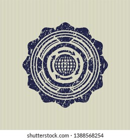 Blue globalization icon inside distressed with rubber seal texture