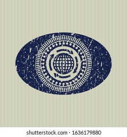 Blue globalization icon inside distressed grunge seal
