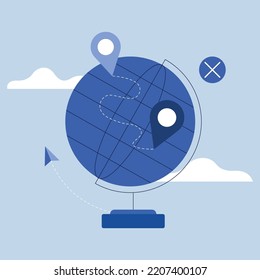 A blue globe with 2 locations and a paved path. The concept of product delivery.