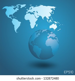 Blue globe background with world map. Abstract vector illustration.