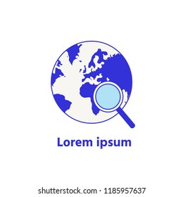 Blue globe and blu continents world map with magnifying glass map. Icon earth globe and magnifying glass search isolated on white background. Vector illustration.