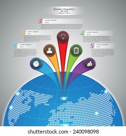 Blue Globe with Colorful Circle and Curved Shape with Business Icon, Number and Text Information Design. Financial/Business Infographic, 5 Options, Vector Illustration
