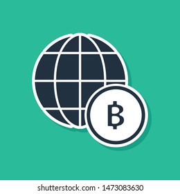 Blue Globe and cryptocurrency coin Bitcoin icon isolated on green background. Physical bit coin. Blockchain based secure crypto currency.  Vector Illustration