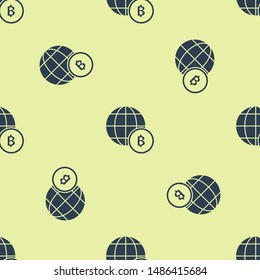 Blue Globe and cryptocurrency coin Bitcoin icon icon isolated seamless pattern on yellow background. Physical bit coin. Blockchain based secure crypto currency. Vector Illustration