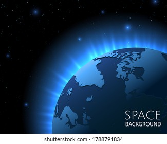 Blue globe earth background. Rays of energy, world map and blue background with planet Earth. Vector illustration