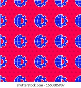 Blue Globe of the Earth and gear or cog icon isolated seamless pattern on red background. Setting parameters. Global Options.  Vector Illustration