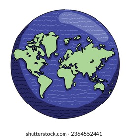 Ilustración terrestre del Globe Azul con sombras vectoriales y mapa verde claro de los continentes del mundo. Dibujado a mano.
