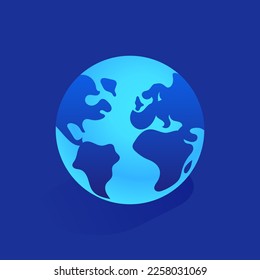 El globo azul del icono del planeta Tierra en visión isométrica. Internet global, navegación y entrega a nivel mundial, viajes, concepto de negocios internacional. Ilustración del vector aislada en fondo blanco