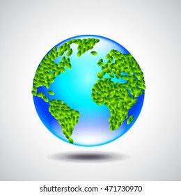 Blue globe, earth from small green leaves, ecology concept vector background