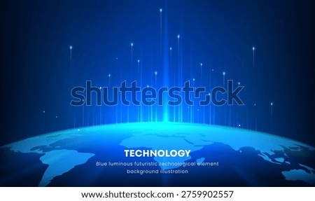Blue globe floats beneath glowing digital beams. Tech word pulses softly at center, glowing bright. Light streaks rise upward from Earth's curved surface. Modern data flow suggests global connection