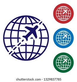 Blue Globe with flying plane icon isolated on white background. Airplane fly around the planet earth. Aircraft world icon. Set color icon in circle buttons. Vector Illustration