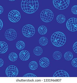 Blue Globe with flying plane icon isolated seamless pattern on blue background. Airplane fly around the planet earth. Aircraft world icon. Vector Illustration