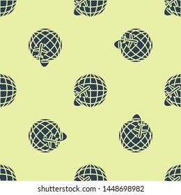 Blue Globe with flying plane icon isolated seamless pattern on white background. Airplane fly around the planet earth. Aircraft world icon.  Vector Illustration