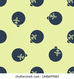 Blue Globe with flying plane icon isolated seamless pattern on white background. Airplane fly around the planet earth. Aircraft world icon.  Vector Illustration