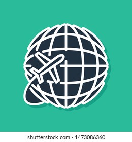 Blue Globe with flying plane icon isolated on green background. Airplane fly around the planet earth. Aircraft world icon.  Vector Illustration