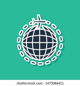 Blue Globe with flying plane icon isolated on green background. Airplane fly around the planet earth. Aircraft world icon.  Vector Illustration