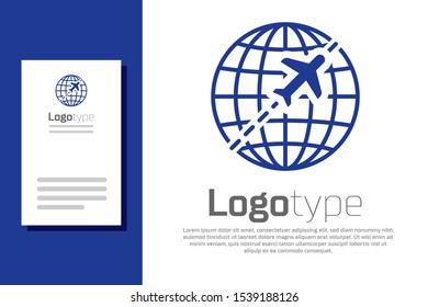 Blue Globe with flying plane icon isolated on white background. Airplane fly around the planet earth. Aircraft world icon. Logo design template element. Vector Illustration