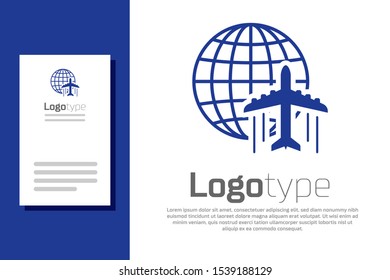 Blue Globe with flying plane icon isolated on white background. Airplane fly around the planet earth. Aircraft world icon. Logo design template element. Vector Illustration