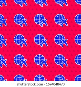 Blue Globe with flying plane icon isolated seamless pattern on red background. Airplane fly around the planet earth. Aircraft world icon.  Vector Illustration