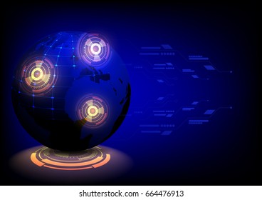 Blue globe with futuristic light circles on dark background vector technology background some Elements of this image furnished by NASA