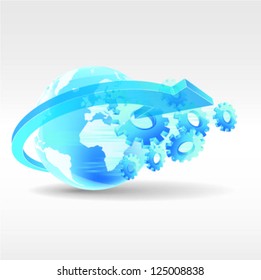 Blue globe with gears and arrow vector
