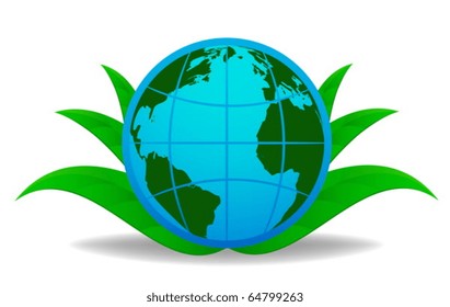Blue globe with green leaf on background